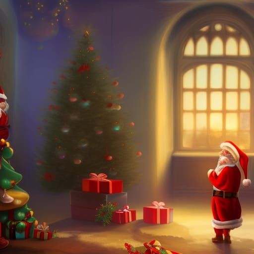 Christmas Family Scene with Gifts: Detailed Matte Painting