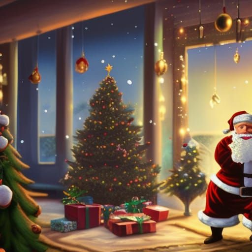 Family Christmas Scene with Santa Letter, Detailed Painting