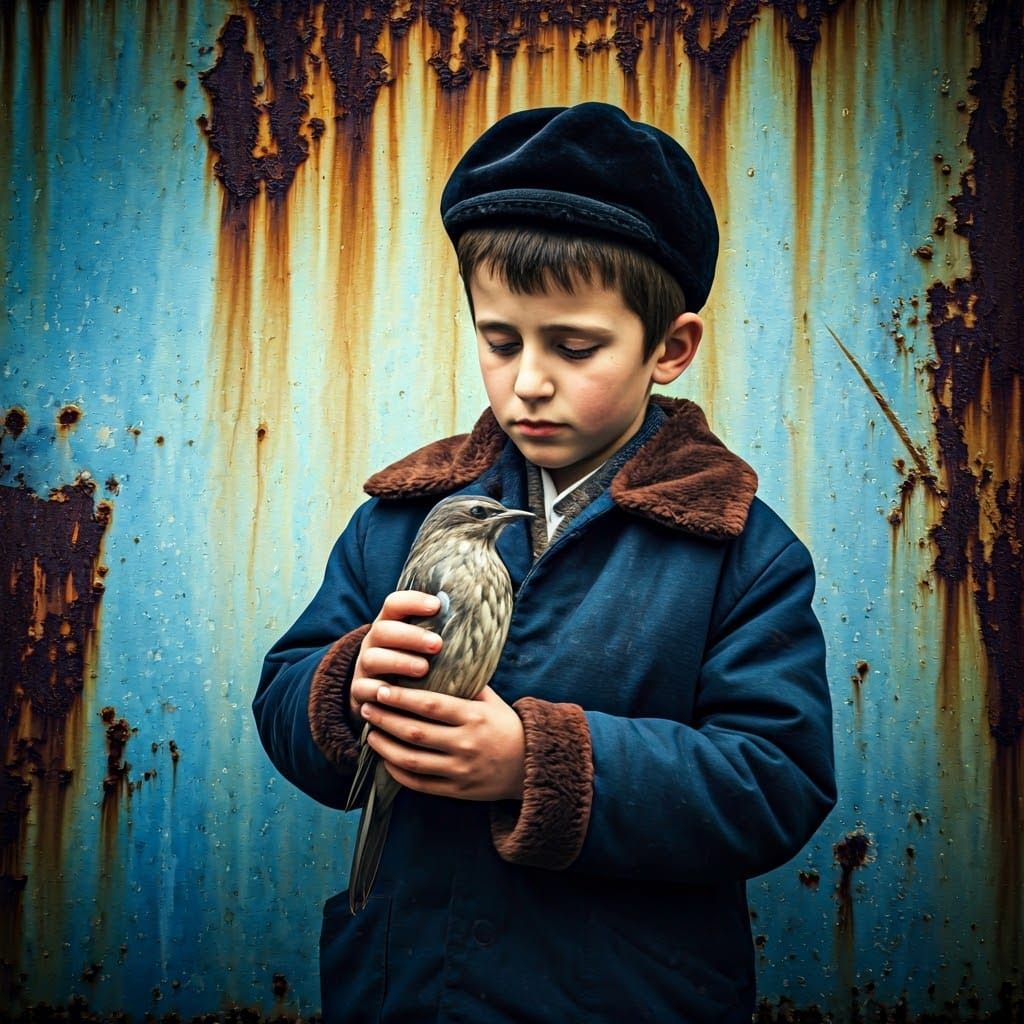 Hasidic Boy with a Majestic Bird in a Smoky, Blueshaded Land...