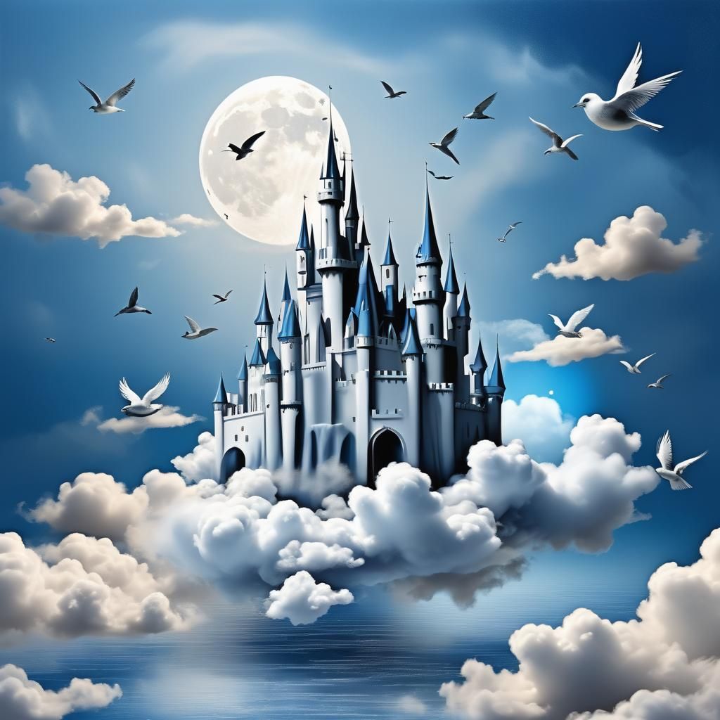 Surreal Silver and Blue Castle in the Sky