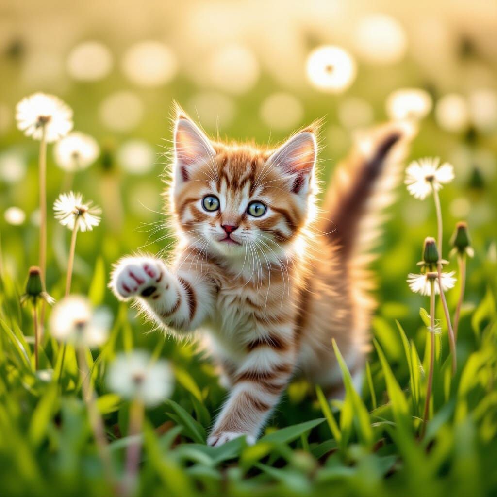 Whimsical Kitten Playing in Dandelion Field
