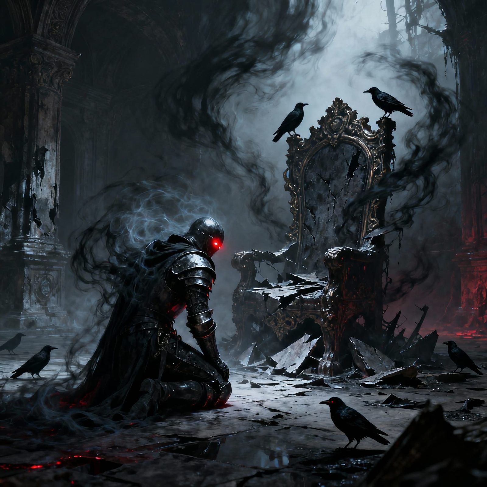 Cursed Knight Kneels Before Broken Throne in Gothic Style
