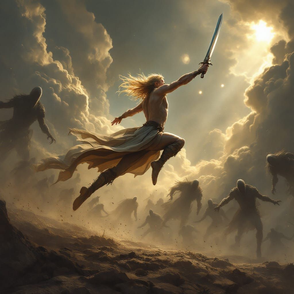 Elf Warrior Mid-Leap in Dramatic Dark Fantasy Battle
