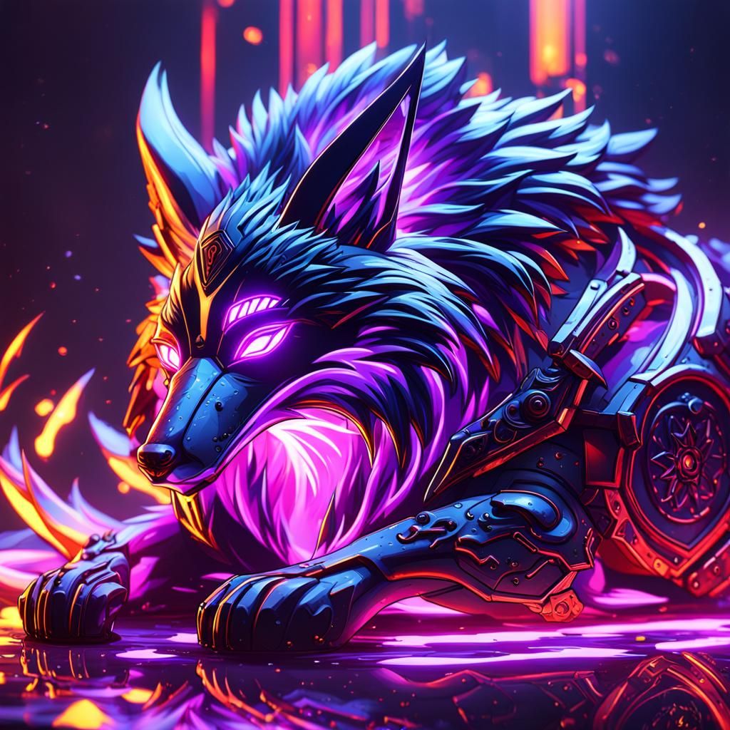 Neon Fox with Red Lightning in Dark Fantasy Style