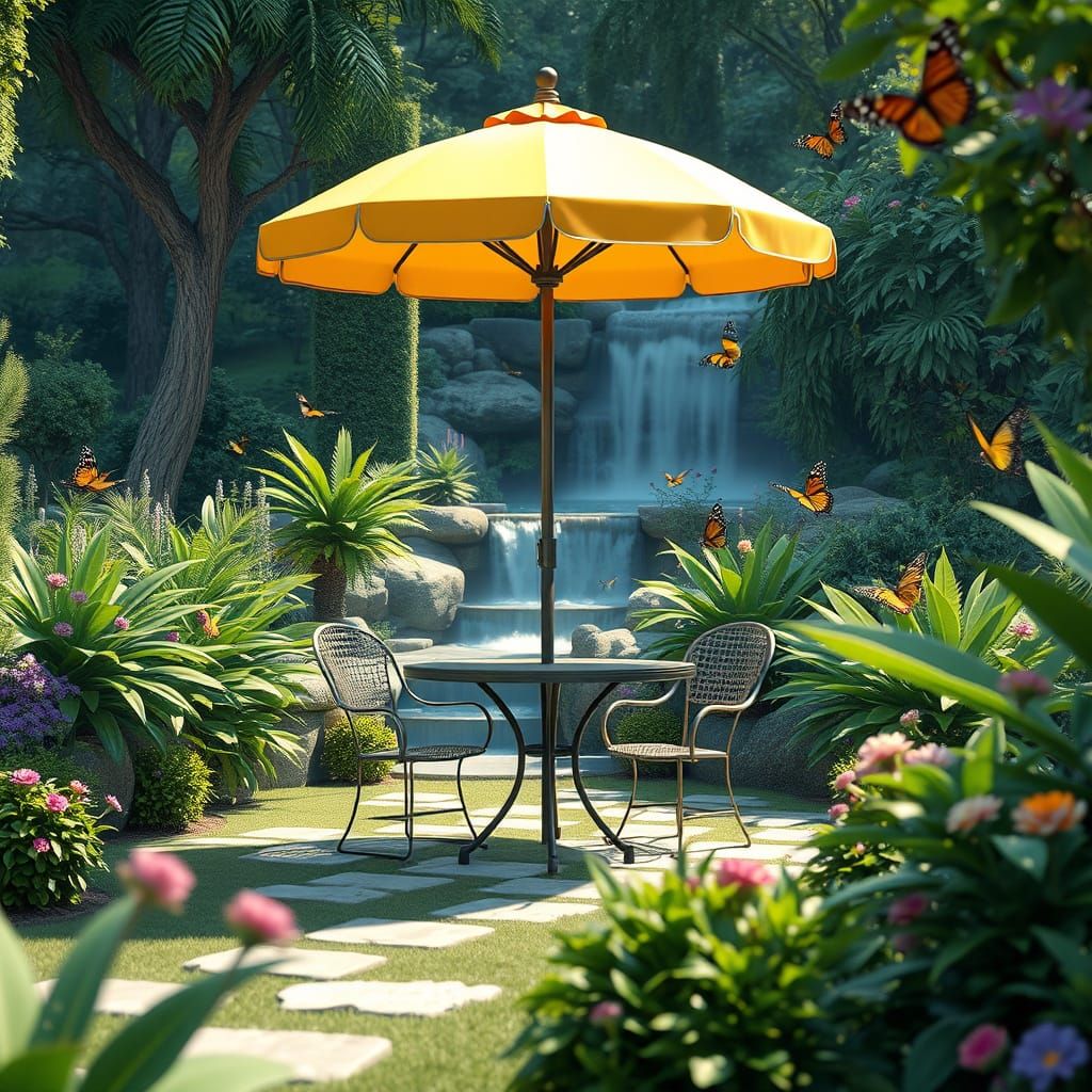 Tranquil Garden Oasis with Waterfall in 3D