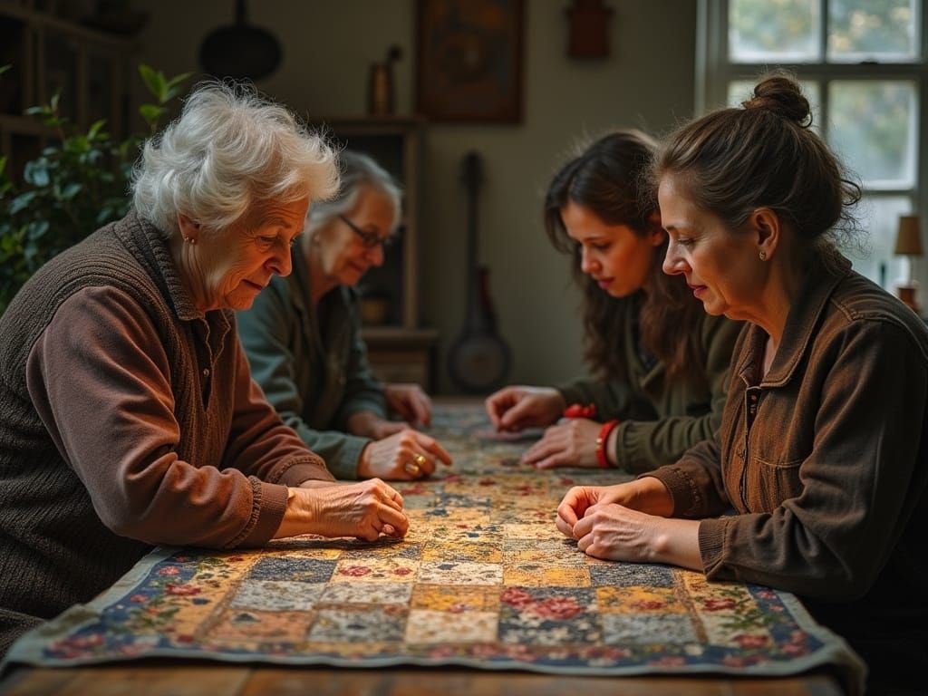 Women of All Ages Work Together on a Vibrant Quilt in a Cozy...