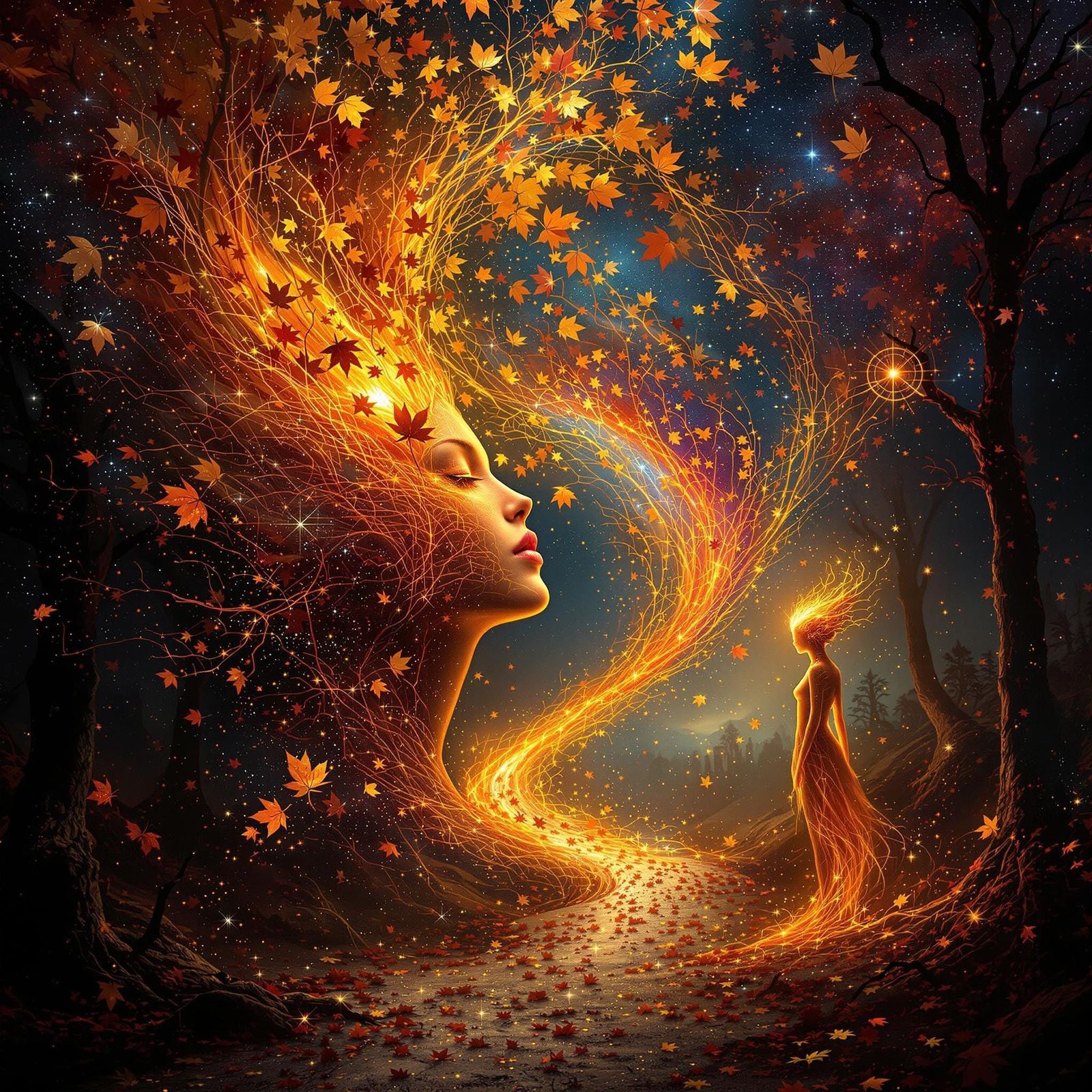 Surreal Fae Spirits Transform in Vibrant Autumnal Landscape