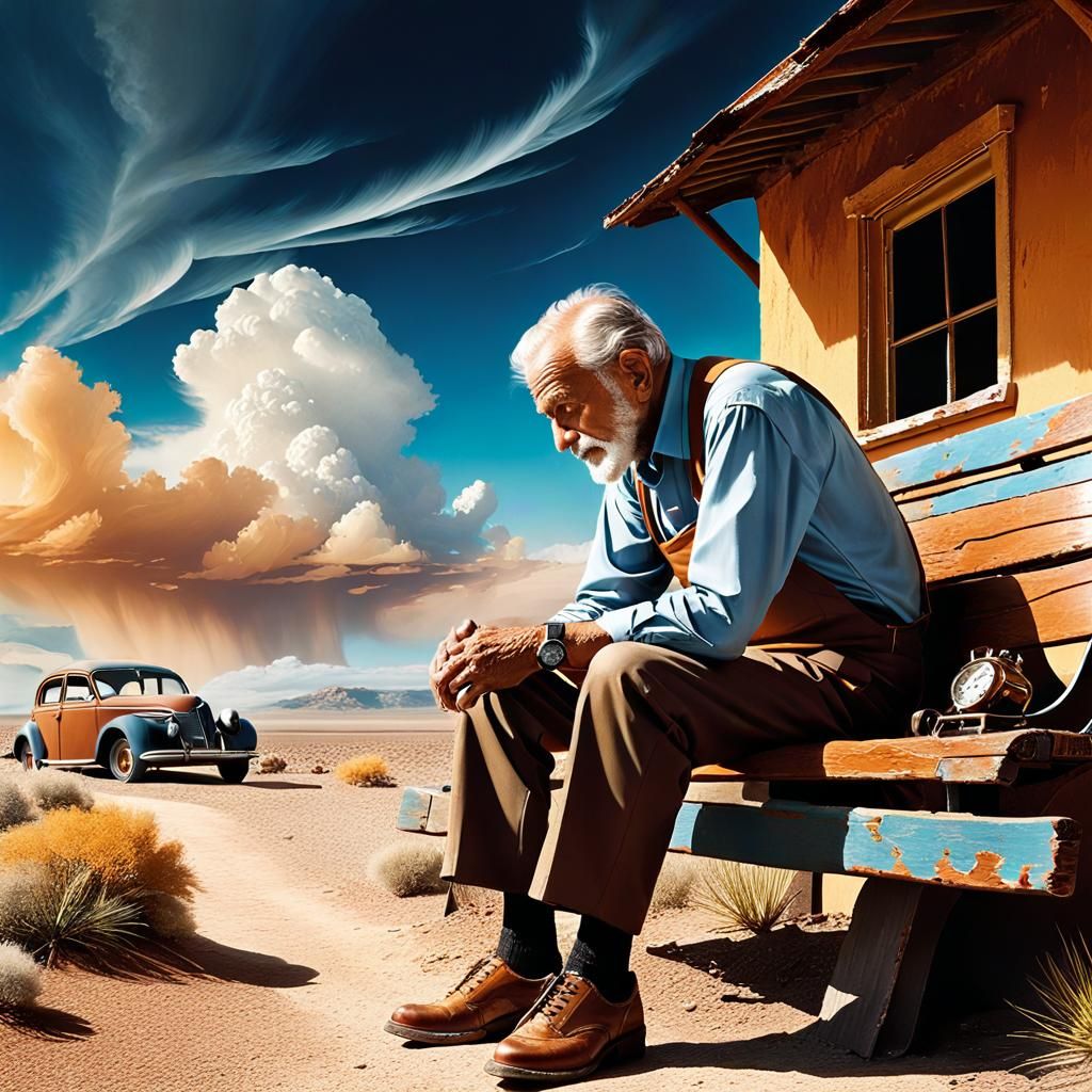 Old Man Contemplates Time in Desert Landscape