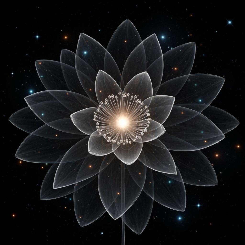 Surreal Black Flower with Glowing Center in Cosmic Atmospher...