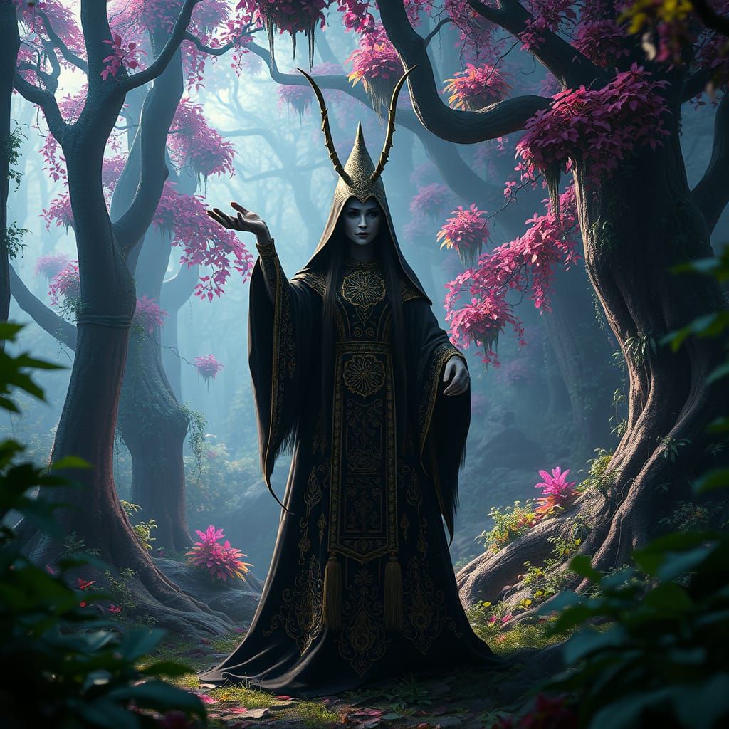 Baba Yaga in Mystical Forest, Art Nouveau Style