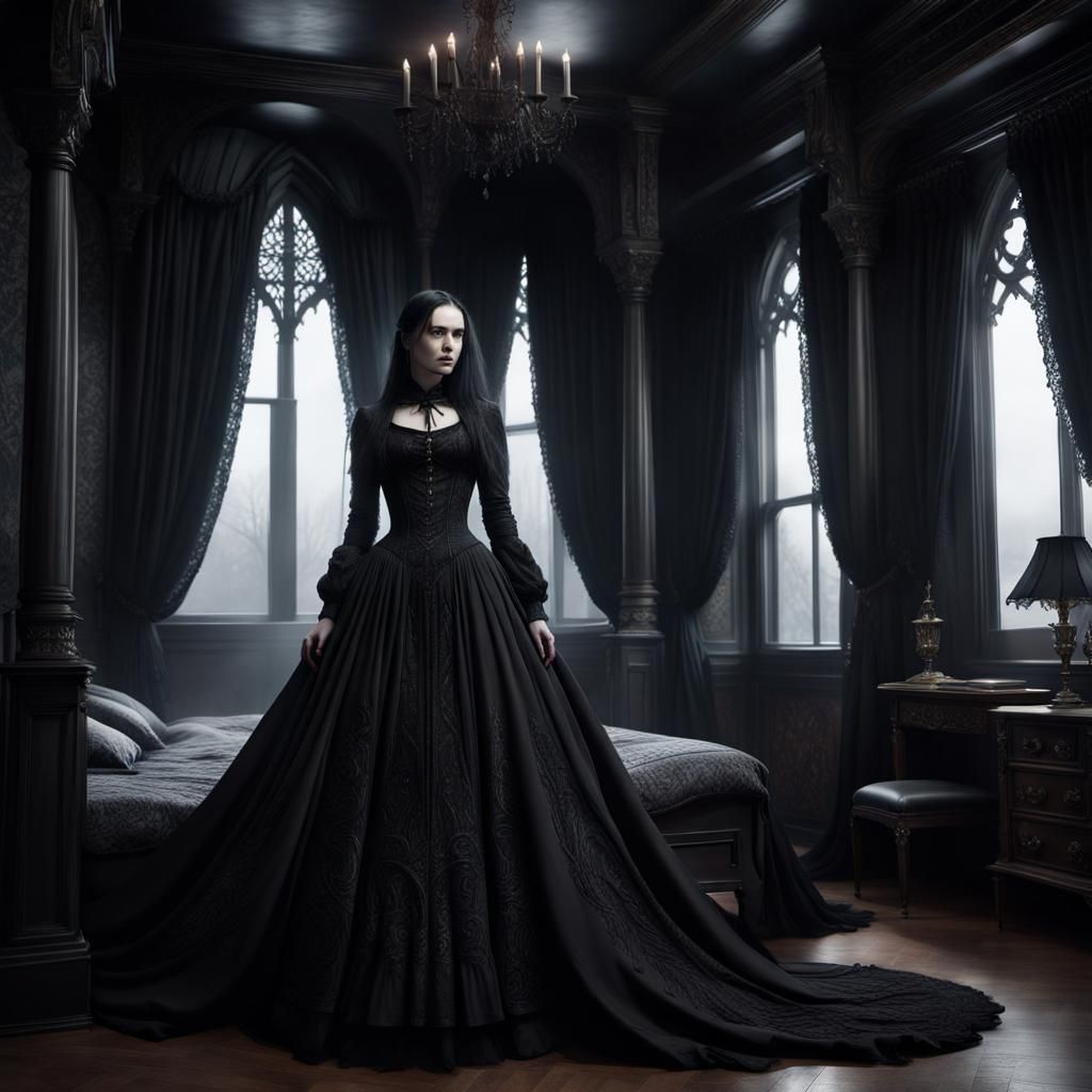 Woman in Black Gothic Dress with Embroidery