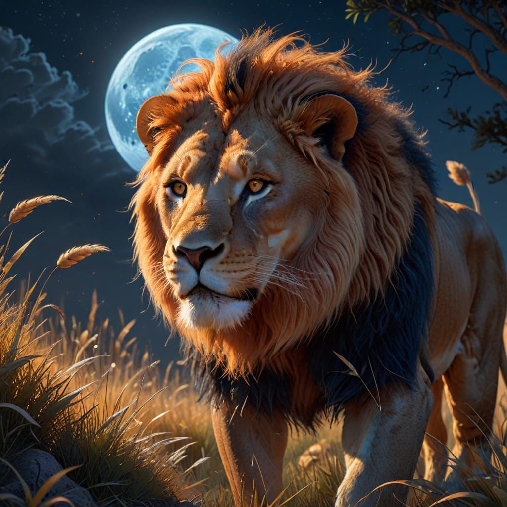 Lion Hunt Under Moonlight in Oil Painting Style