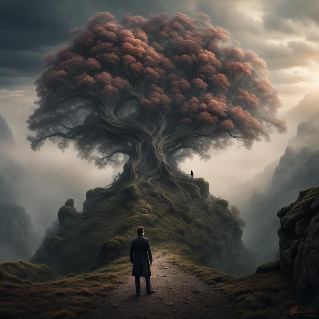 Cherry Blossom Tree on Cliff with Man in Suit