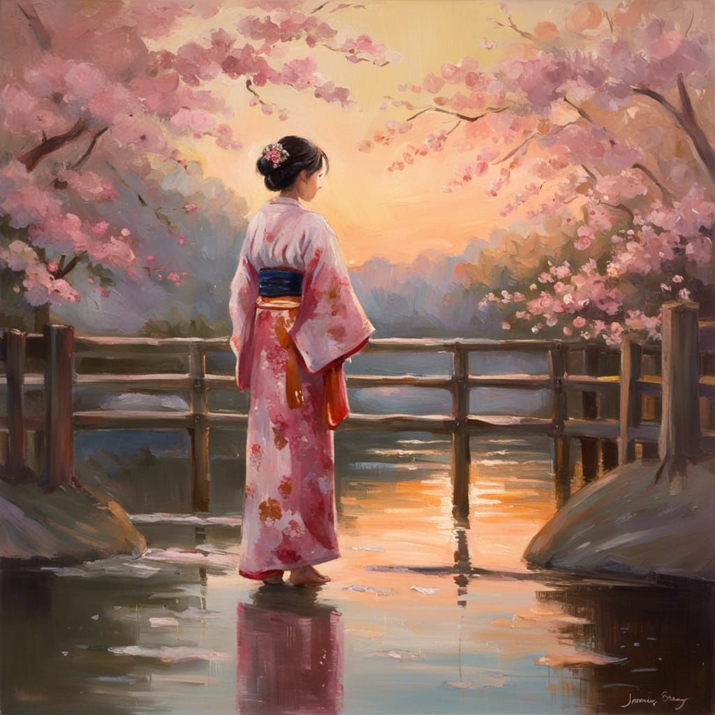 Japanese Woman in Kimono Under Cherry Blossoms as Impression...