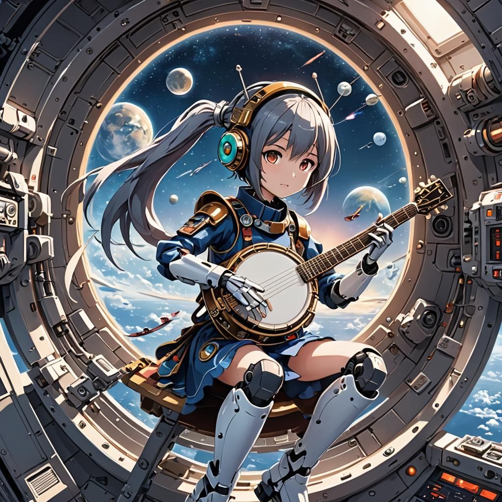 Anime Robot Girl Plays Banjo on Spaceship