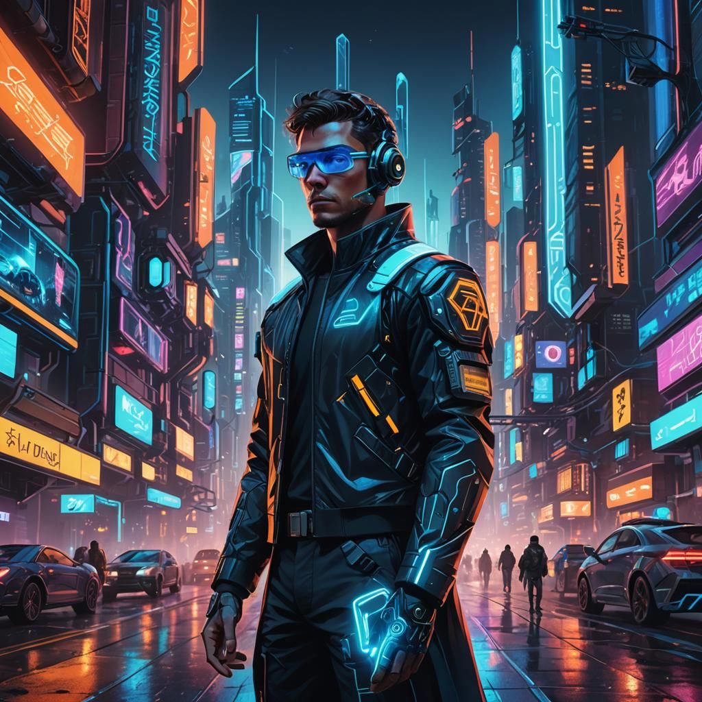 Cyberpunk Male in Futuristic Cityscape