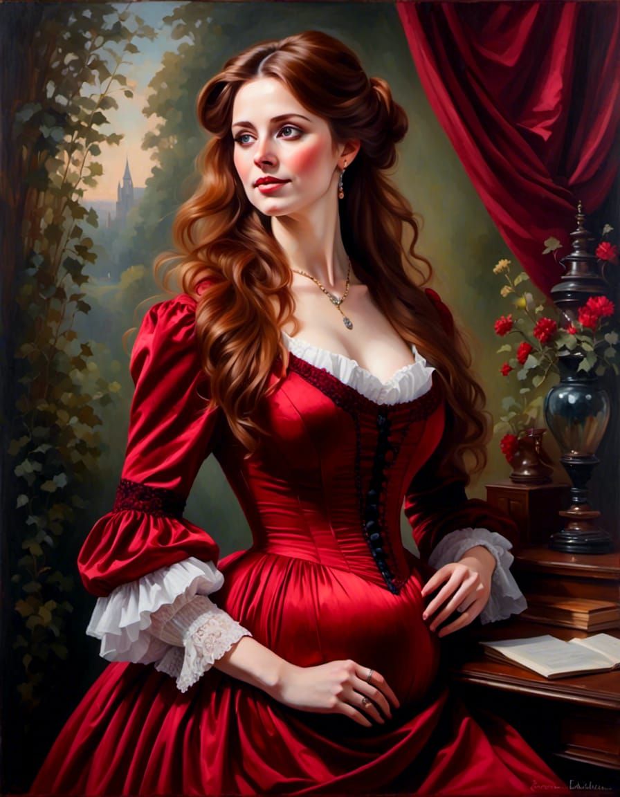 Victorian Pregnant Woman in Red Velvet Dress