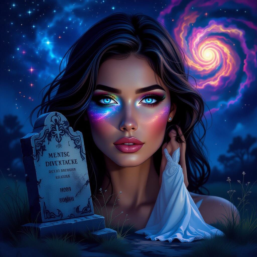 Cosmic Eyes Reflect Universe Beside Grave in Ethereal Moonli...