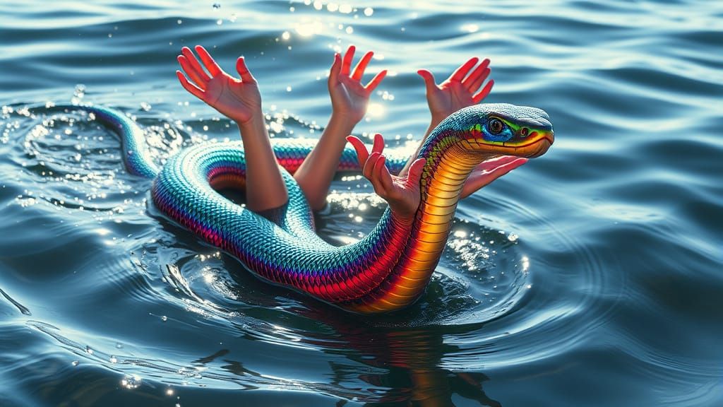 Whimsical Water Snake with Iridescent Scales and Delicate Ap...