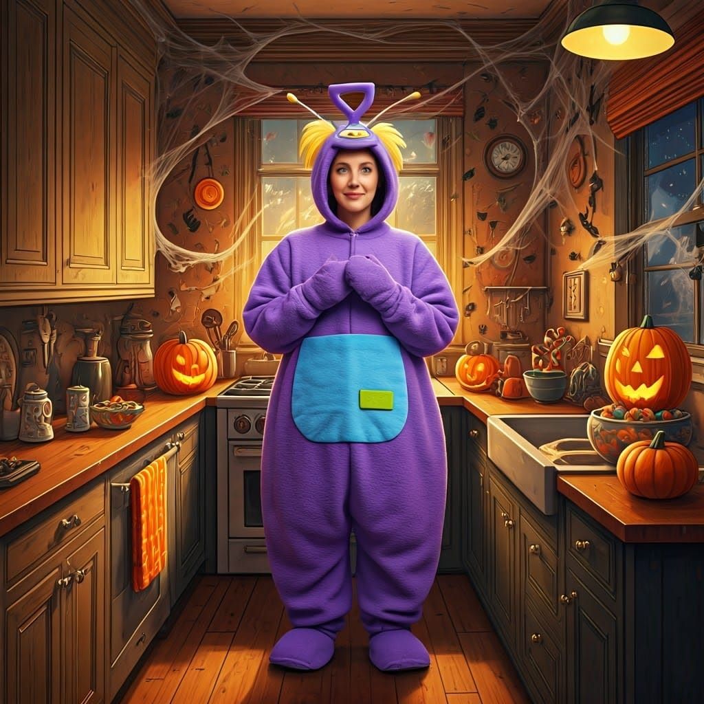 Whimsical Woman in Purple Teletubby Costume Surrounded by Ha...