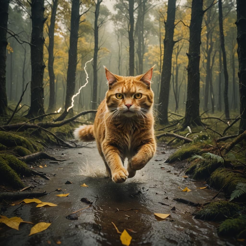 Golden Cat Runs Through Stormy Forest