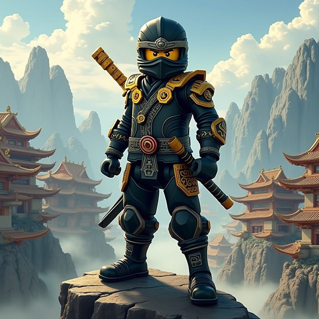 Heroic Ninja Warrior in Ancient Futuristic Landscape