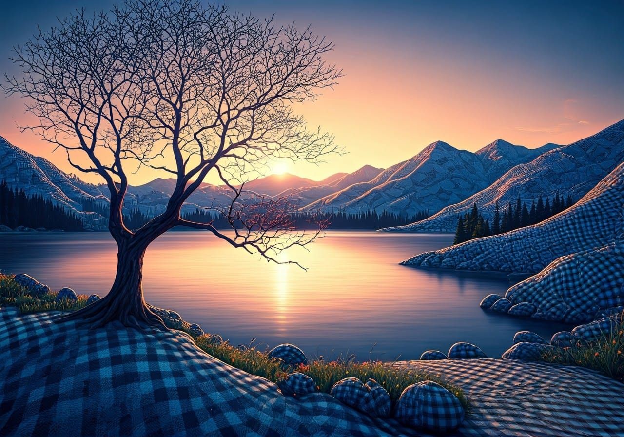 Whimsical Gingham Landscape with Majestic Mountains