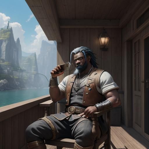 Young Dwarf Relaxing Outside Tavern, in Anime Style