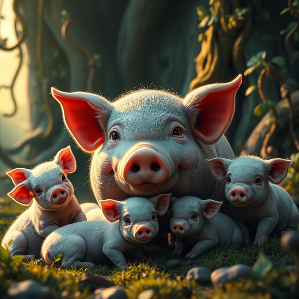 Mother Pig Surrounded by Whimsical Piglets in Vibrant Fantas...