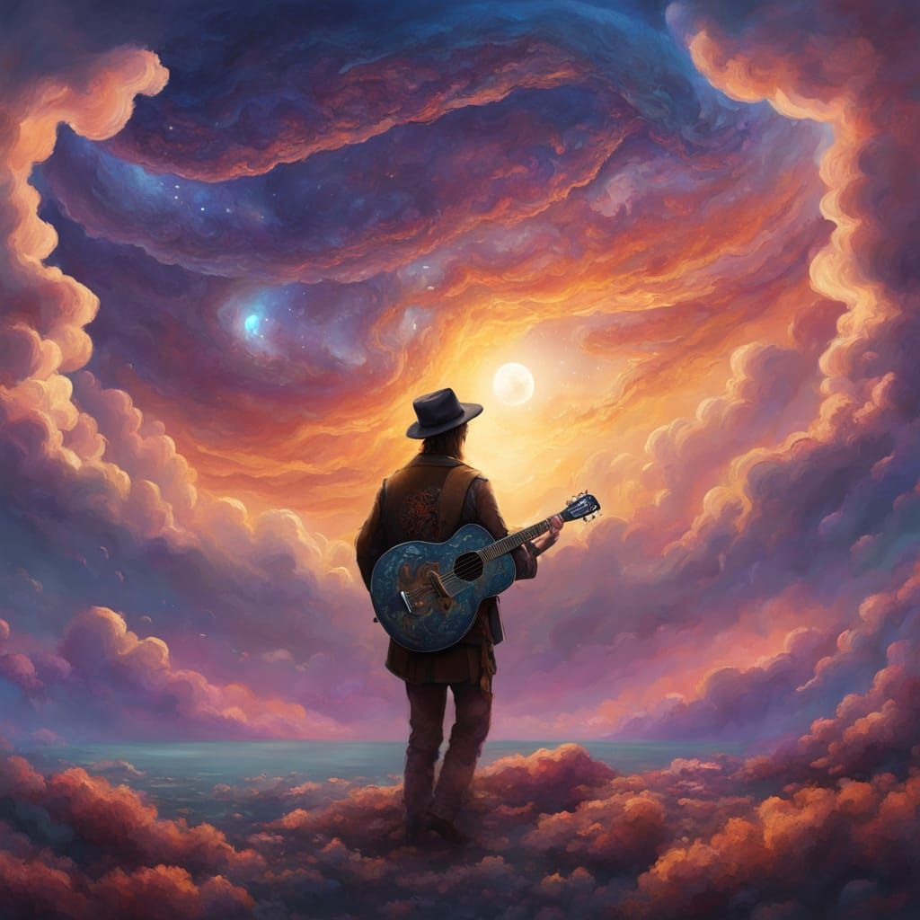 Flat Earth Guitarist in Vibrant Oil Painting