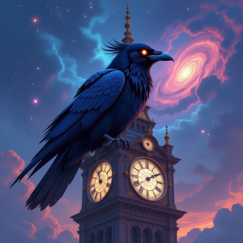 Steampunk Raven on Clock Tower in Nebula