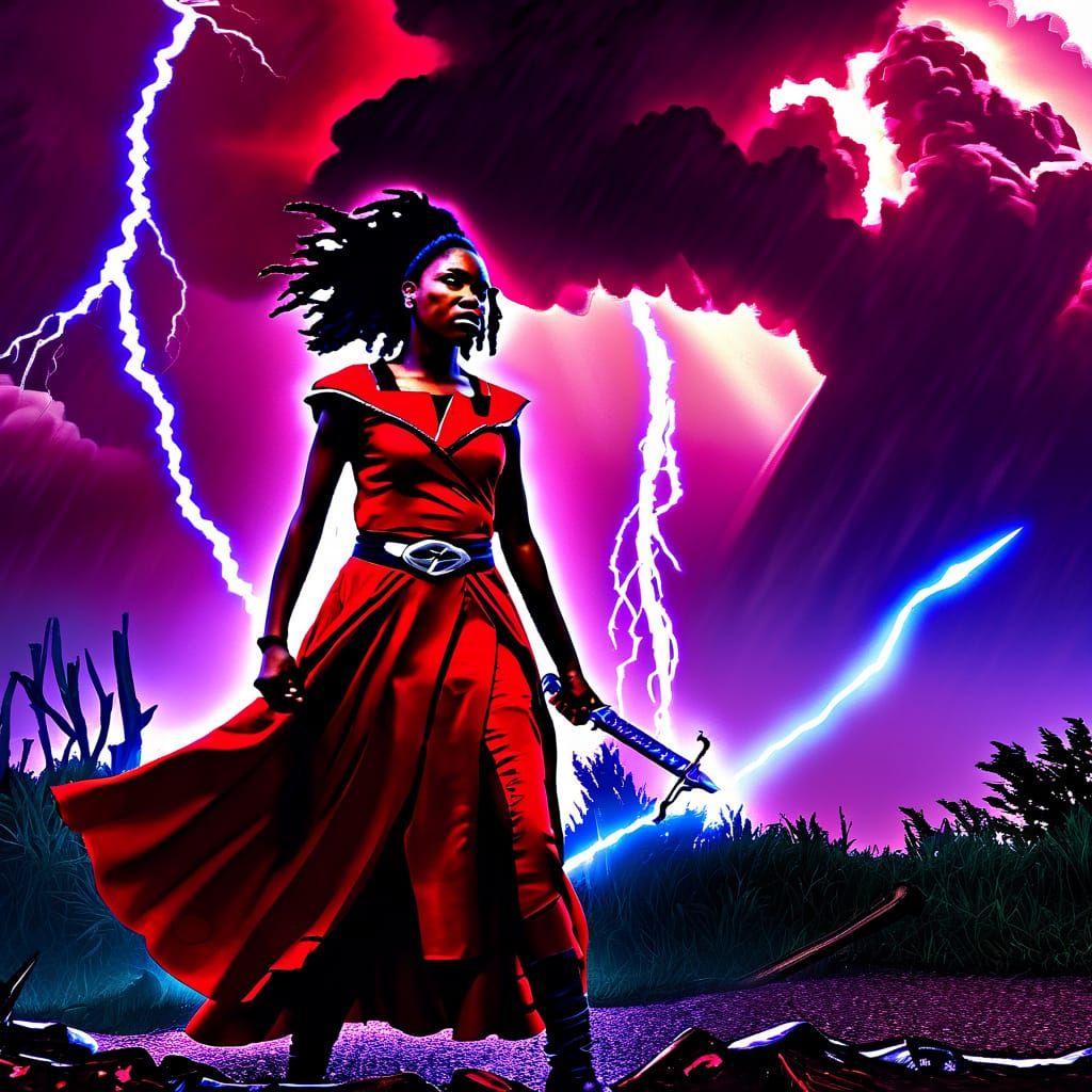 Vibrant Red Dressed Woman Stands Firm in Stormy Landscape wi...
