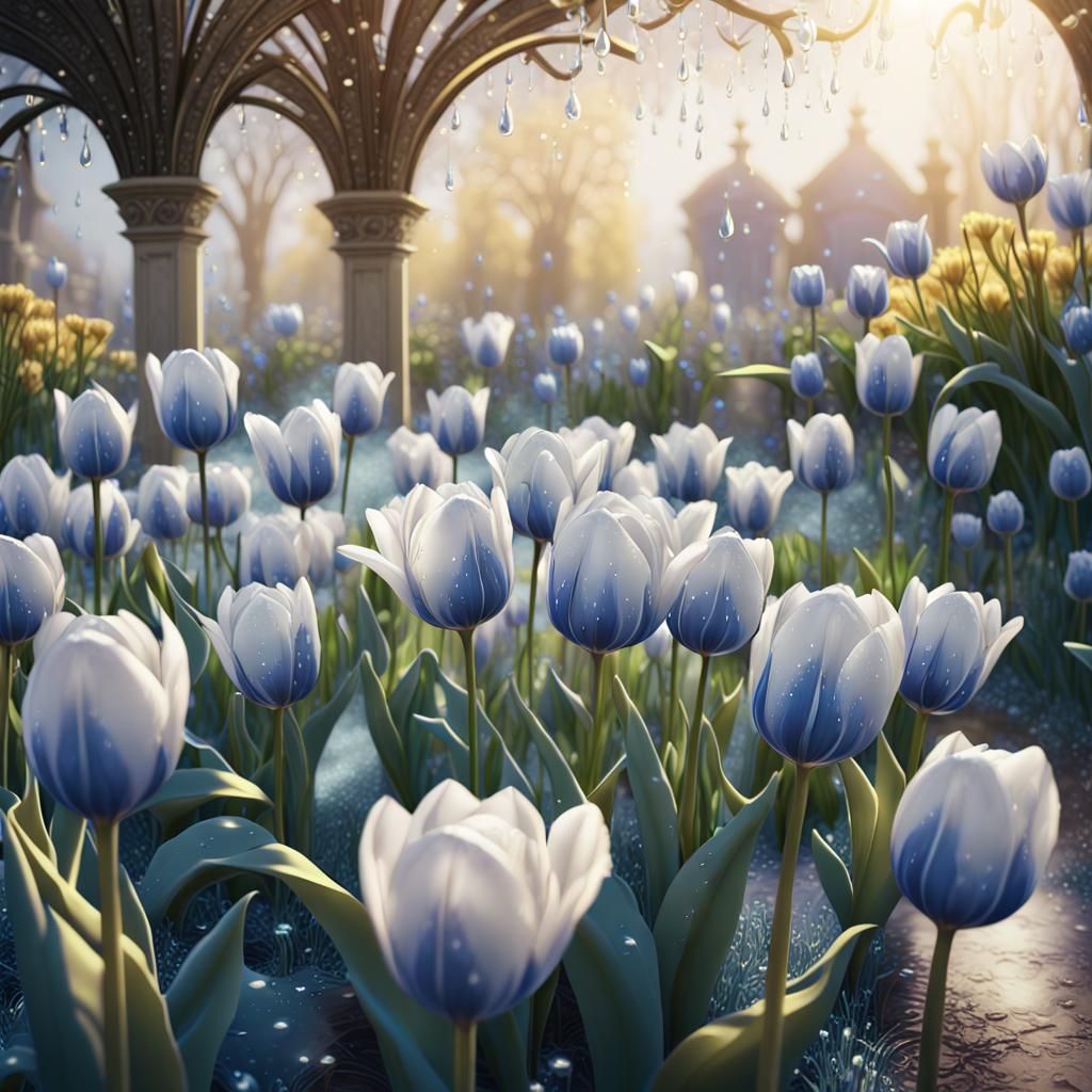 Blue and White Tulips in Ethereal Garden