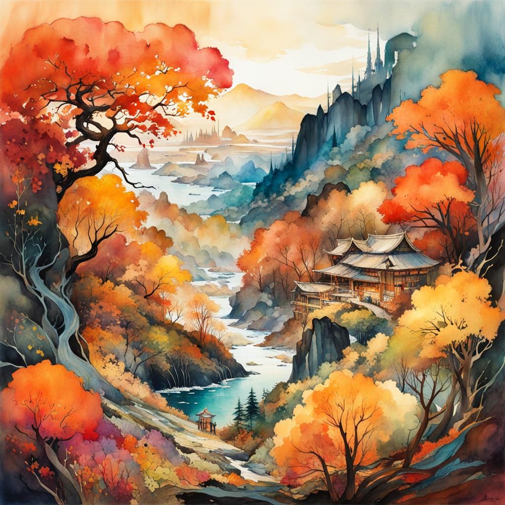 Epic Autumn Landscape in Watercolor Style