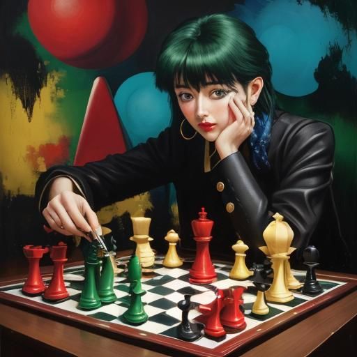Detailed Chessboard and Pieces: Surrealist Oil Painting