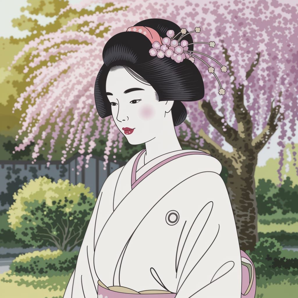 Japanese bride in white shiromuku kimono, delicate hair ornaments, standing in a garden, vintage illustration style,