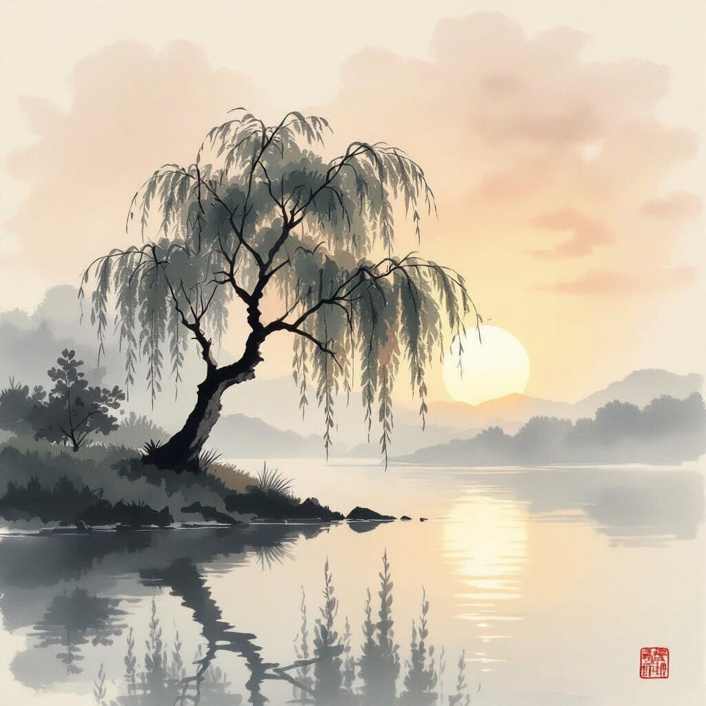 Serene Willow by Water at Sunrise in Japanese Ink Wash Style