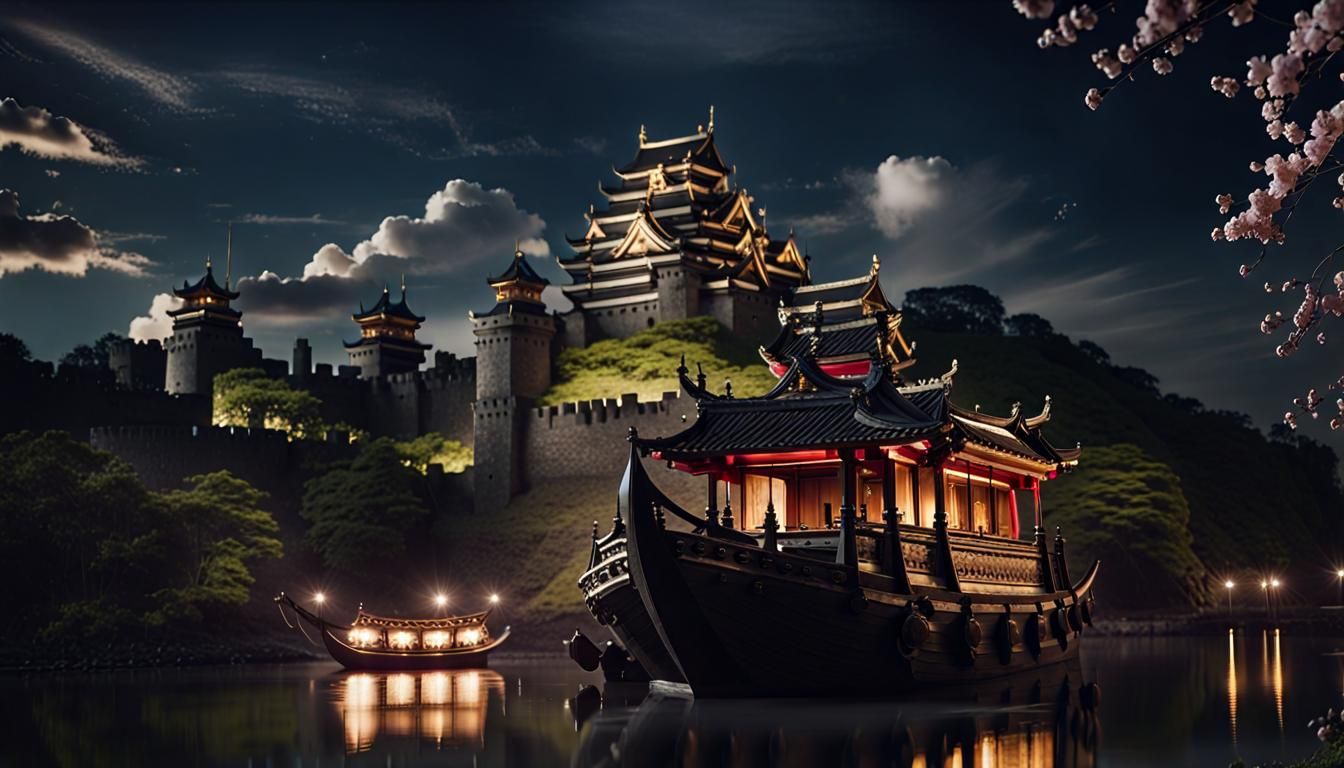 Nighttime Samurai Castle with Imperial Barge