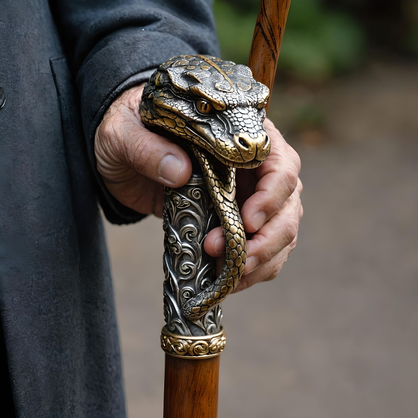 Ornate Snake Walking Stick Handle Close-Up