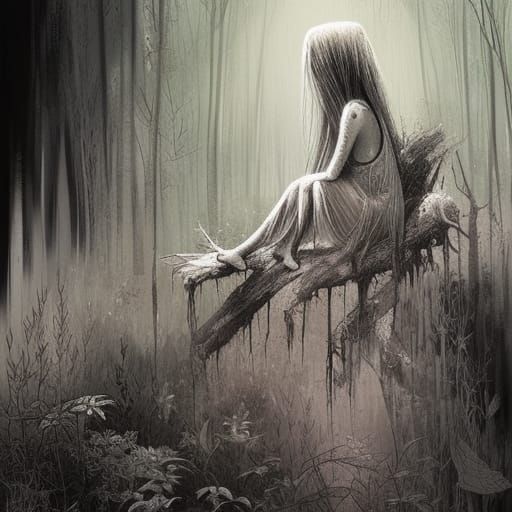 Ethereal Ghost Girl in Dark Forest Illustration