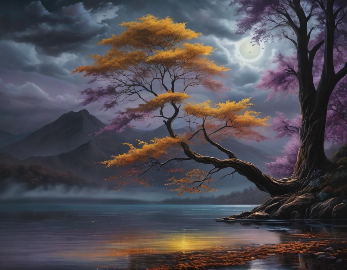 Colorful Tree at Night in Surreal Oil Painting