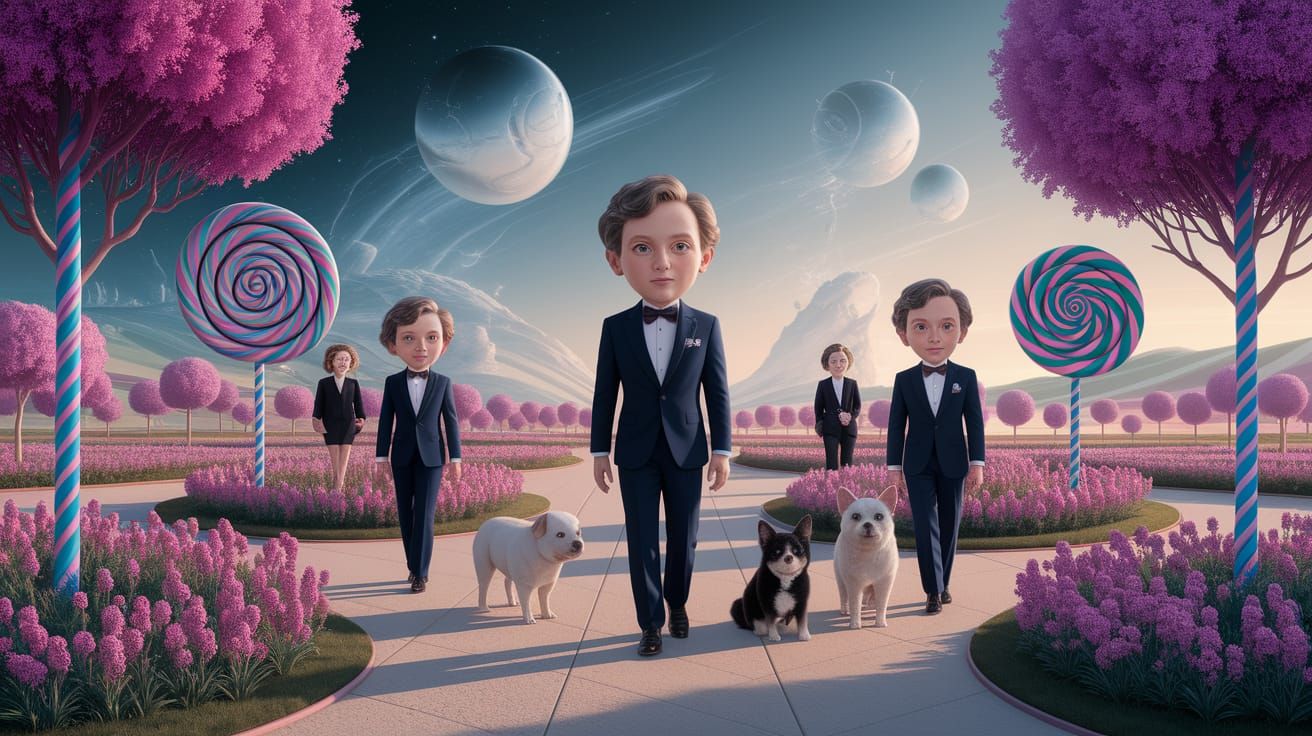 Surreal Park With Large Heads And Candy Cane Trees