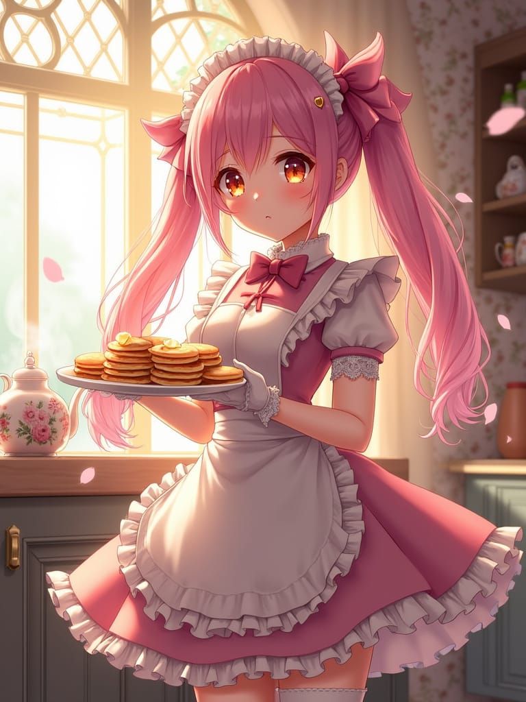 Eileen in Soft Pastel Maid Attire, Whisking Up a Breakfast D...