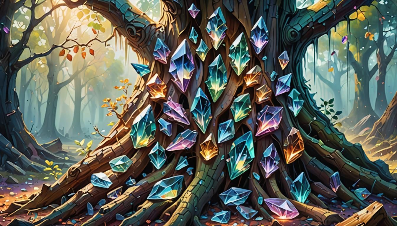 Crystal Shards Bursting from Tree Trunk