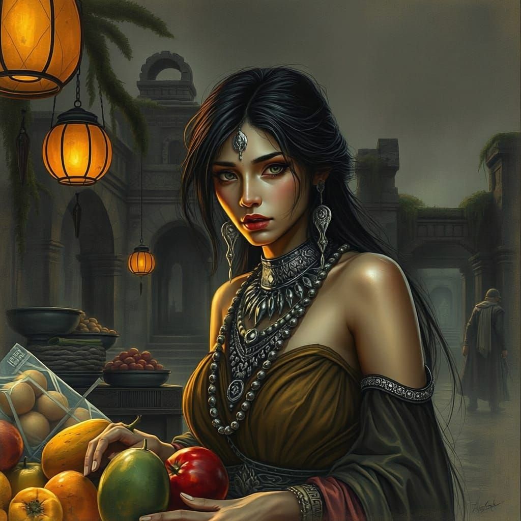 Thai Woman at Twilight Market in Dark Fantasy Style