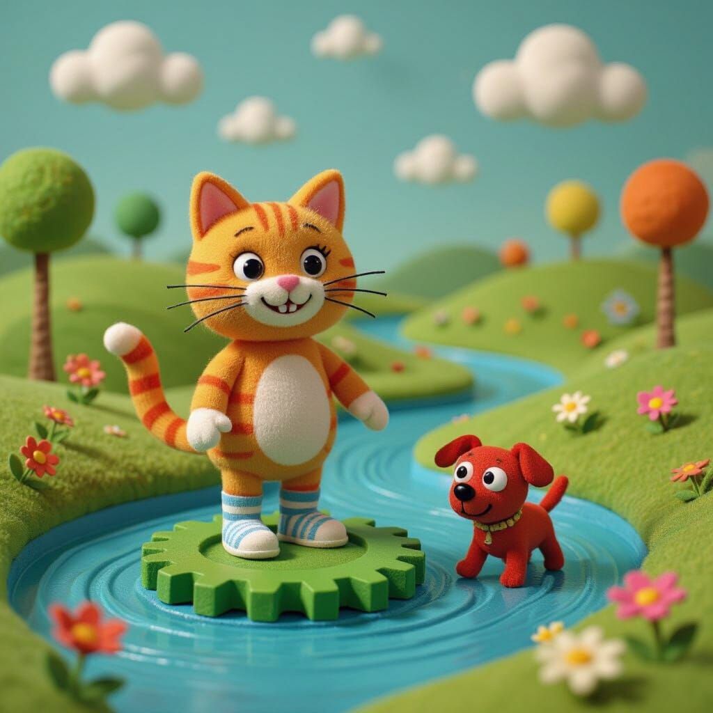 Stop-Motion Cat on Cog in Whimsical River Landscape