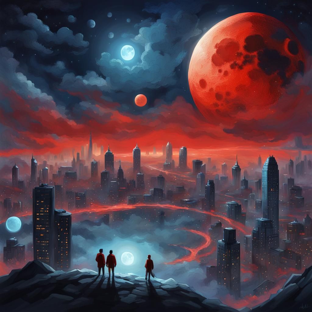 Ethereal Moon Emergence Over Misty Cityscape