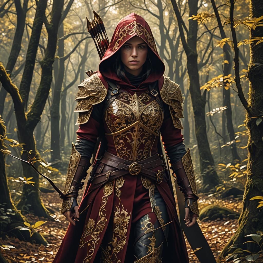 Hooded female archer in the forest. Intricate designs ♥️ dar...