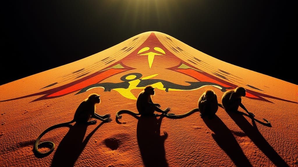 Vibrant Desert Monkeys in Ancient Geoglyph Style