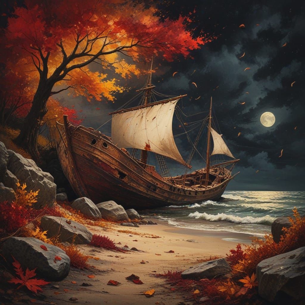 Shipwrecked Vessel on Autumn Beach